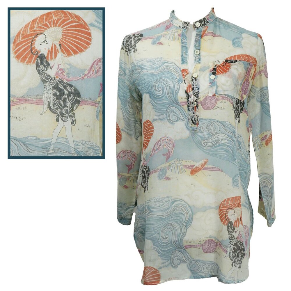 Vintage 70s Hippie Coastal Tunic Block Print High Neck Lightweight Summer Top